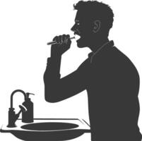 silhouette man brushing his teeth in front of the sink black color only vector