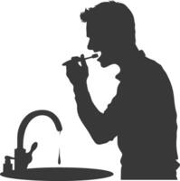 silhouette man brushing his teeth in front of the sink black color only vector