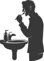 silhouette man brushing his teeth in front of the sink black color only vector