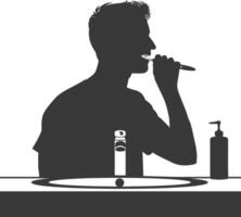 silhouette man brushing his teeth in front of the sink black color only vector