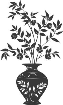 silhouette ornamental plants in vase full body black color only