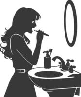 silhouette woman brushing his teeth in front of the mirror black color only vector