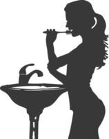 silhouette woman brushing his teeth in front of the mirror black color only vector