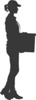 silhouette woman carry goods in loader box black color only vector