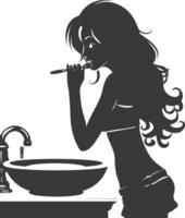 silhouette woman brushing his teeth in front of the mirror black color only vector