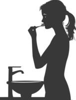 silhouette woman brushing his teeth in front of the mirror black color only vector