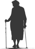 silhouette elderly woman with walking stick full body black color only vector