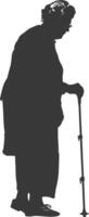 silhouette elderly woman with walking stick full body black color only vector
