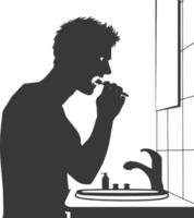 silhouette man brushing his teeth in front of the sink black color only vector