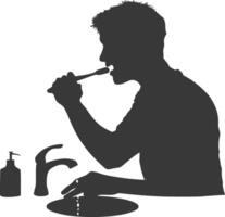 silhouette man brushing his teeth in front of the sink black color only vector