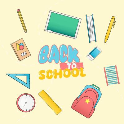 School equipment design elements include books, erasers, pens, pencils, rulers, bags.