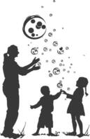 silhouette happy family playing soap bubbles full body black color only vector