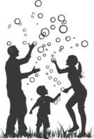 silhouette happy family playing soap bubbles full body black color only vector