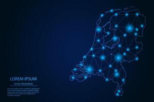 Abstract image Netherlands map - With Blue Glow Dots And Lines On Dark Gradient Background, 3D Mesh Polygon Network Connection. vector