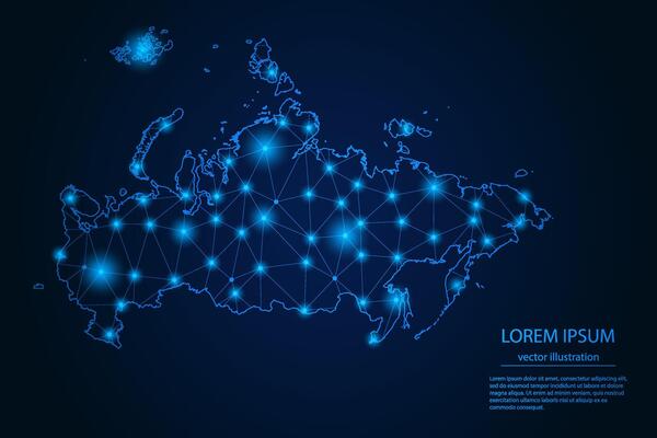 Abstract image Russia map - With Blue Glow Dots And Lines On Dark Gradient Background, 3D Mesh Polygon Network Connection.