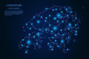 Abstract image Hong Kong map - With Blue Glow Dots And Lines On Dark Gradient Background, 3D Mesh Polygon Network Connection. vector