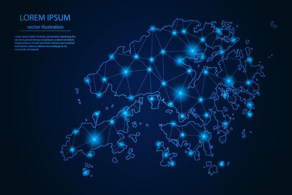 Abstract image Hong Kong map - With Blue Glow Dots And Lines On Dark Gradient Background, 3D Mesh Polygon Network Connection.