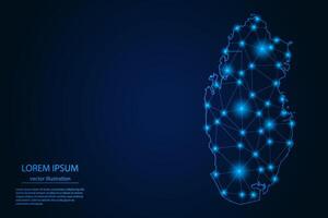 Abstract image Qatar map - With Blue Glow Dots And Lines On Dark Gradient Background, 3D Mesh Polygon Network Connection. vector