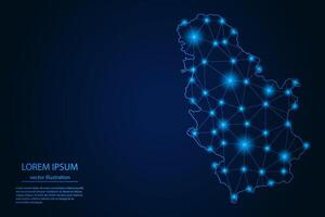 Abstract image Serbia map - With Blue Glow Dots And Lines On Dark Gradient Background, 3D Mesh Polygon Network Connection. vector