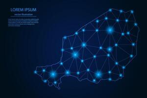 Abstract image Niger map - With Blue Glow Dots And Lines On Dark Gradient Background, 3D Mesh Polygon Network Connection. vector
