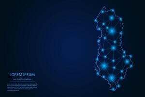 Abstract image Albania map - With Blue Glow Dots And Lines On Dark Gradient Background, 3D Mesh Polygon Network Connection. vector