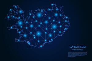 Abstract image Iceland map - With Blue Glow Dots And Lines On Dark Gradient Background, 3D Mesh Polygon Network Connection. vector