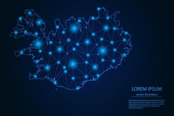 Abstract image Iceland map - With Blue Glow Dots And Lines On Dark Gradient Background, 3D Mesh Polygon Network Connection.