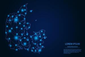 Abstract image Denmark map - With Blue Glow Dots And Lines On Dark Gradient Background, 3D Mesh Polygon Network Connection. vector