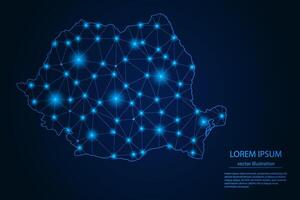 Abstract image Romania map - With Blue Glow Dots And Lines On Dark Gradient Background, 3D Mesh Polygon Network Connection. vector