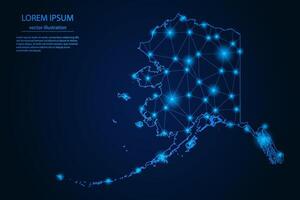 Abstract image Alaska map - With Blue Glow Dots And Lines On Dark Gradient Background, 3D Mesh Polygon Network Connection. vector