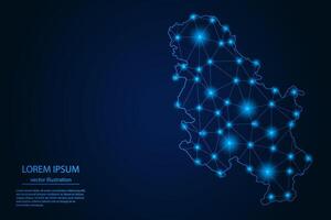 Abstract image Serbia map - With Blue Glow Dots And Lines On Dark Gradient Background, 3D Mesh Polygon Network Connection. vector