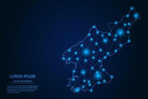 Abstract image North Korea map - With Blue Glow Dots And Lines On Dark Gradient Background, 3D Mesh Polygon Network Connection. vector
