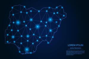 Abstract image Nigeria map - With Blue Glow Dots And Lines On Dark Gradient Background, 3D Mesh Polygon Network Connection. vector