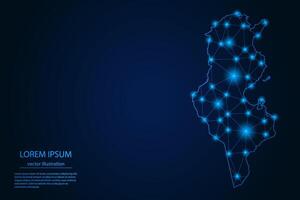 Abstract image Tunisia map - With Blue Glow Dots And Lines On Dark Gradient Background, 3D Mesh Polygon Network Connection. vector