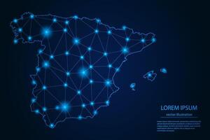 Abstract image Spain map - With Blue Glow Dots And Lines On Dark Gradient Background, 3D Mesh Polygon Network Connection. vector