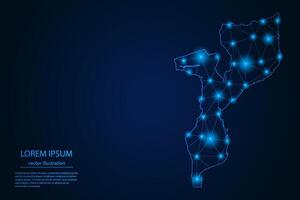 Abstract image Mozambique map - With Blue Glow Dots And Lines On Dark Gradient Background, 3D Mesh Polygon Network Connection. vector