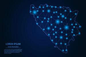 Abstract image Bosnia and Herzegovina map - With Blue Glow Dots And Lines On Dark Gradient Background, 3D Mesh Polygon Network Connection. vector