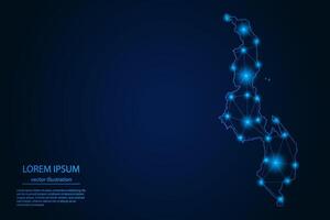 Abstract image Malawi map - With Blue Glow Dots And Lines On Dark Gradient Background, 3D Mesh Polygon Network Connection. vector