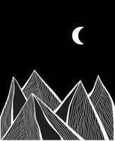 Abstract linear pattern mountains and moon. Black and white colors. Empty space for text. vector