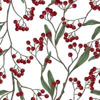 Winterberry, holly berries on branches hand drawn seamless pattern. Colored botanical background. Wallpaper with vintage drawing. Abstract design for prints, card, decor, wrap, fabric, textile. vector