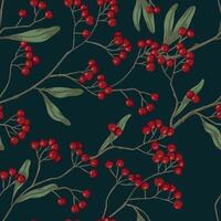 Winterberry, holly berries on branches hand drawn seamless pattern. Colored botanical background. Wallpaper with vintage drawing. Abstract design for prints, card, decor, wrap, fabric, textile. vector