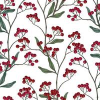 Winterberry, holly berries on branches hand drawn seamless pattern. Colored botanical background. Wallpaper with vintage drawing. Abstract design for prints, card, decor, wrap, fabric, textile. vector