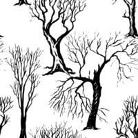 Seamless pattern of silhouettes of trees and bushes without leaves. Dense forest hand drawn wallpapers in sketch style. vector