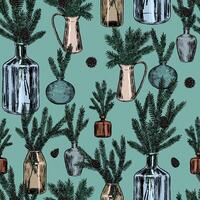 Ornament of jars with fir tree branches and cones. Christmas tree twigs in vases. Abstract seamless pattern. Retro style design. vector