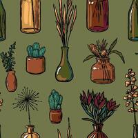 Hand drawn seamless pattern of vases, bottles and jars of flowers, plants. Colorful floral ornament of vintage sketches vector