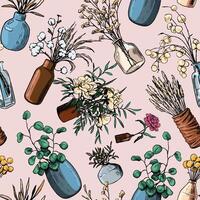Hand drawn seamless pattern of vases, bottles and jars of flowers, plants. Colorful floral ornament of vintage sketches vector