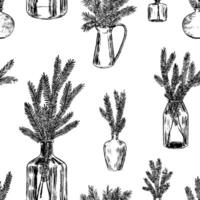 Ornament of jars with fir tree branches and cones. Christmas tree twigs in vases. Abstract seamless pattern. Retro style design. vector