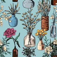 Hand drawn seamless pattern of vases, bottles and jars of flowers, plants. Colorful floral ornament of vintage sketches vector