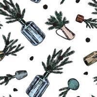Ornament of jars with fir tree branches and cones. Christmas tree twigs in vases. Abstract seamless pattern. Retro style design. vector