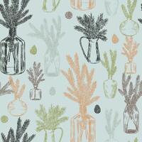 Ornament of jars with fir tree branches and cones. Christmas tree twigs in vases. Abstract seamless pattern. Retro style design. vector